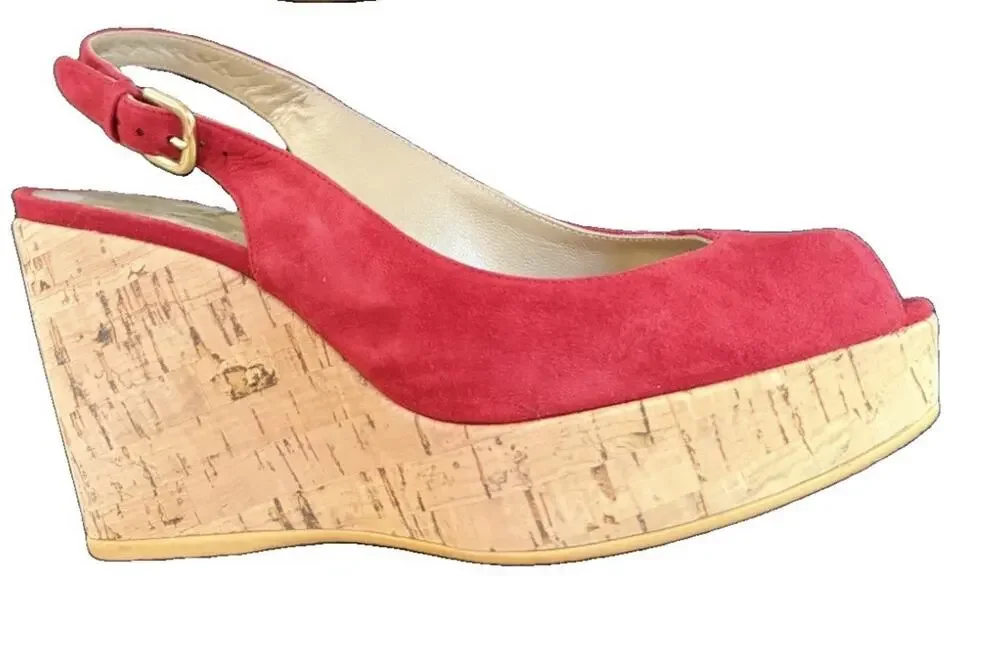 New Stuart Weitzman Red Sling Back Cork Wedge Heel Size 7